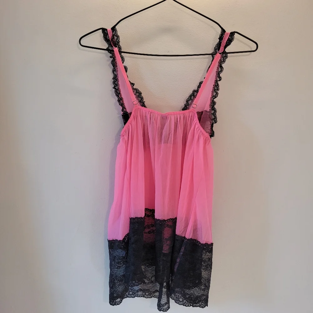 Victoria's Secret Pink and Black Lace Sheer Slip Dress Babydoll - S - Picture 2 of 6